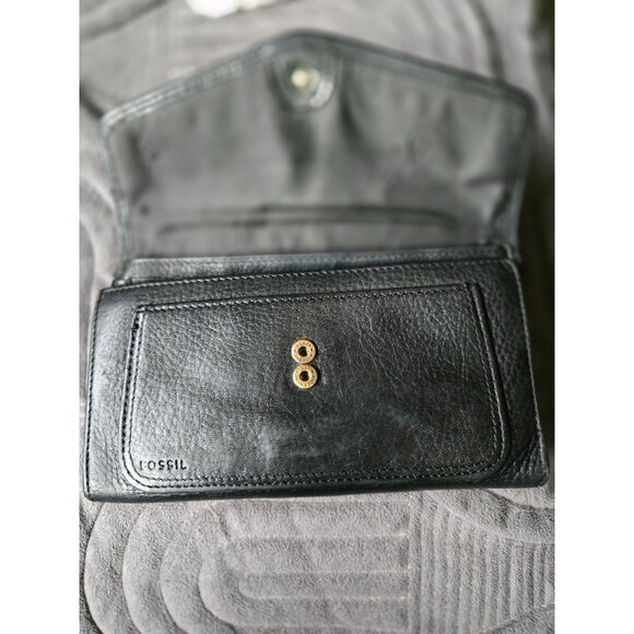Vintage Fossil Black Pebbled Leather Flap Wallet Organizer Pre-Loved - Picture 2 of 8